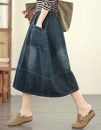 Casual Vintage Side Pockets Denim Midi Skirt - Islinen