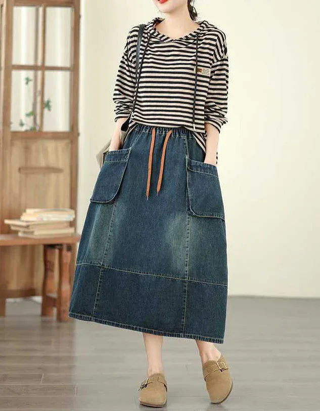 Casual Vintage Side Pockets Denim Midi Skirt - Islinen