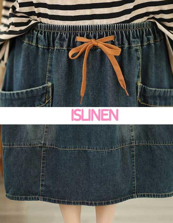 Casual Vintage Side Pockets Denim Midi Skirt - Islinen