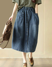 Front view denim midi skirt showing pockets and elastic waistband