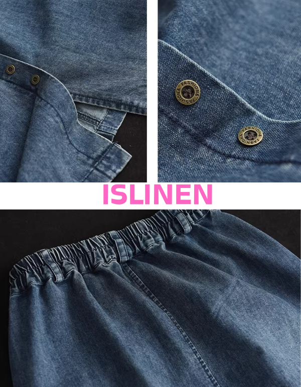 Collage of denim fabric with close-up of buttons and a full view of a denim garment, featuring the brand 'ISLINEN'.