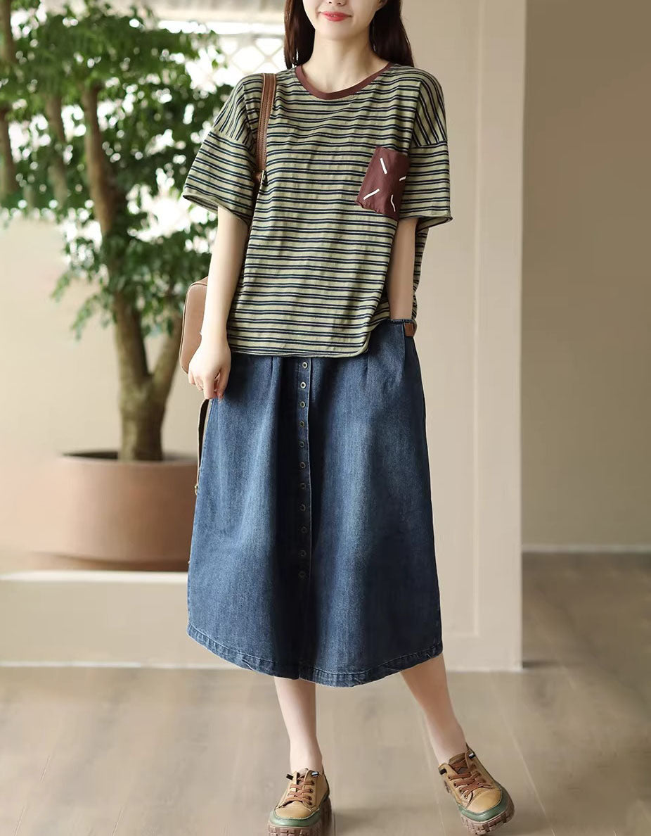 Casual women’s blue denim midi skirt full length blue