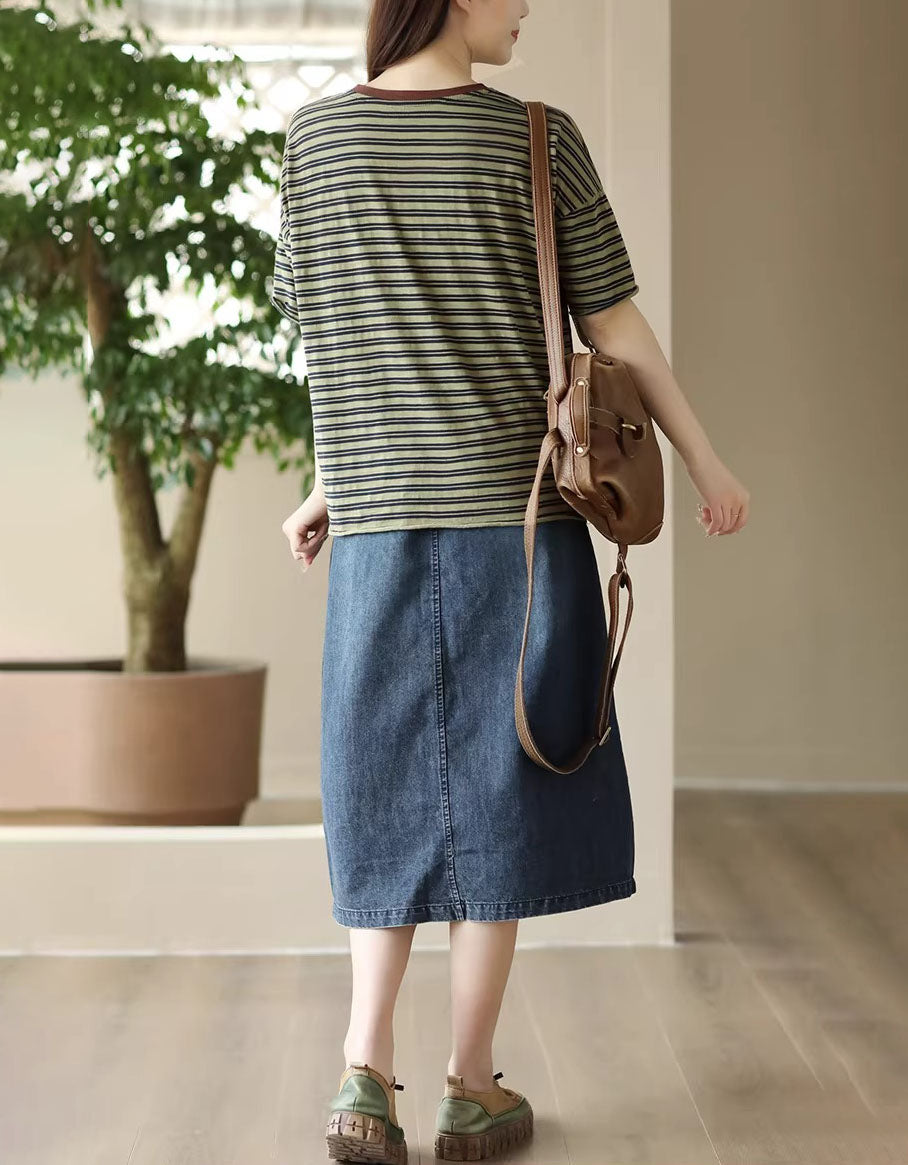 Casual women’s blue denim midi skirt full length back view