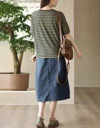 Casual women’s blue denim midi skirt full length back view