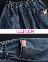 Detail of button front design on women’s denim midi skirt