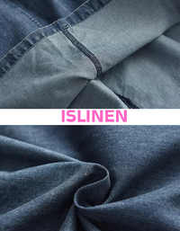 Close-up of blue denim fabric with 'ISLINEN' branding.