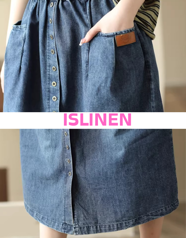 Denim skirt with a visible brand name 'ISLINEN' on a neutral background