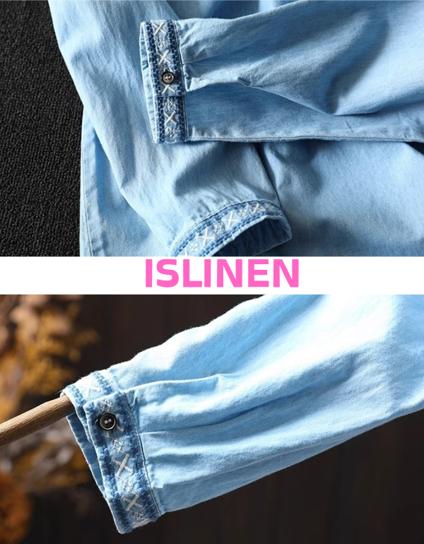 Light blue denim shirt with rolled-up sleeves on a dark background, featuring the brand 'ISLINEN'.