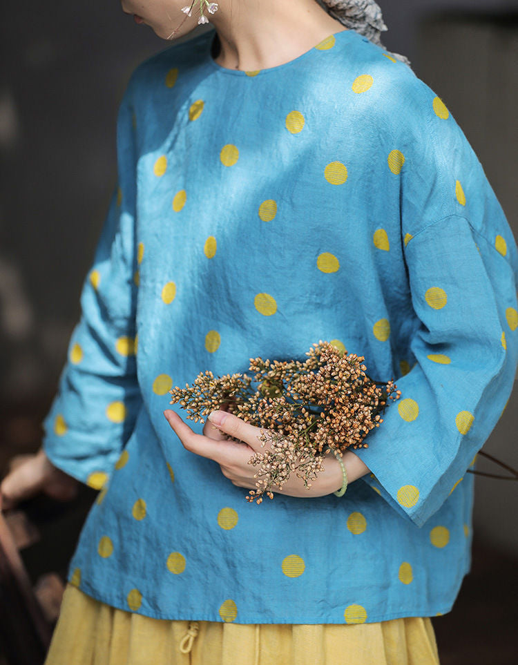 Casual Yellow Polka Dot Loose Fit Blouse