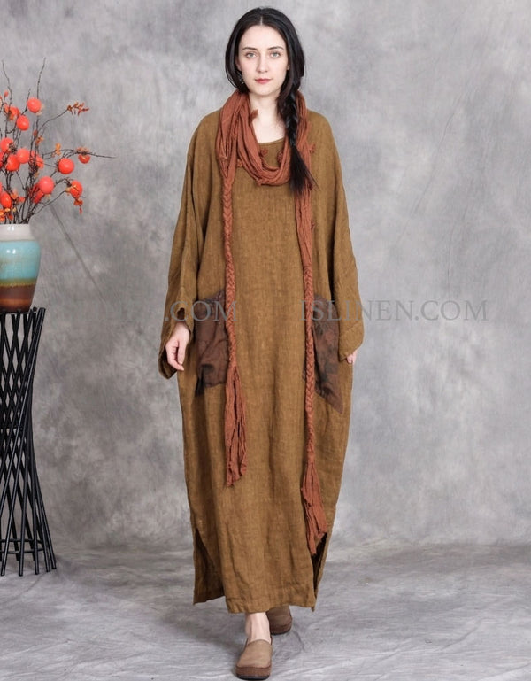 Casual Loose Side Pockets Long Sleeve Linen Maxi Dress