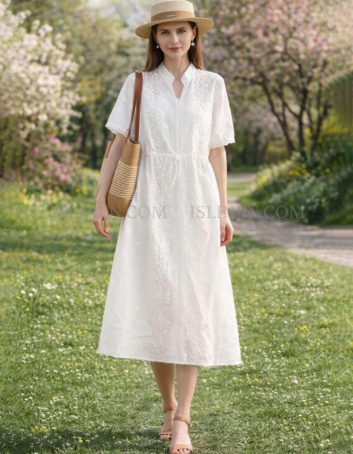 Full view of casual White Lace Embroidered Midi Dress for Women