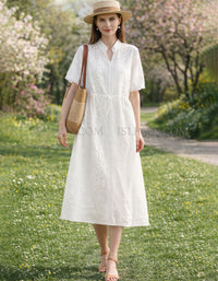 Full view of casual White Lace Embroidered Midi Dress for Women