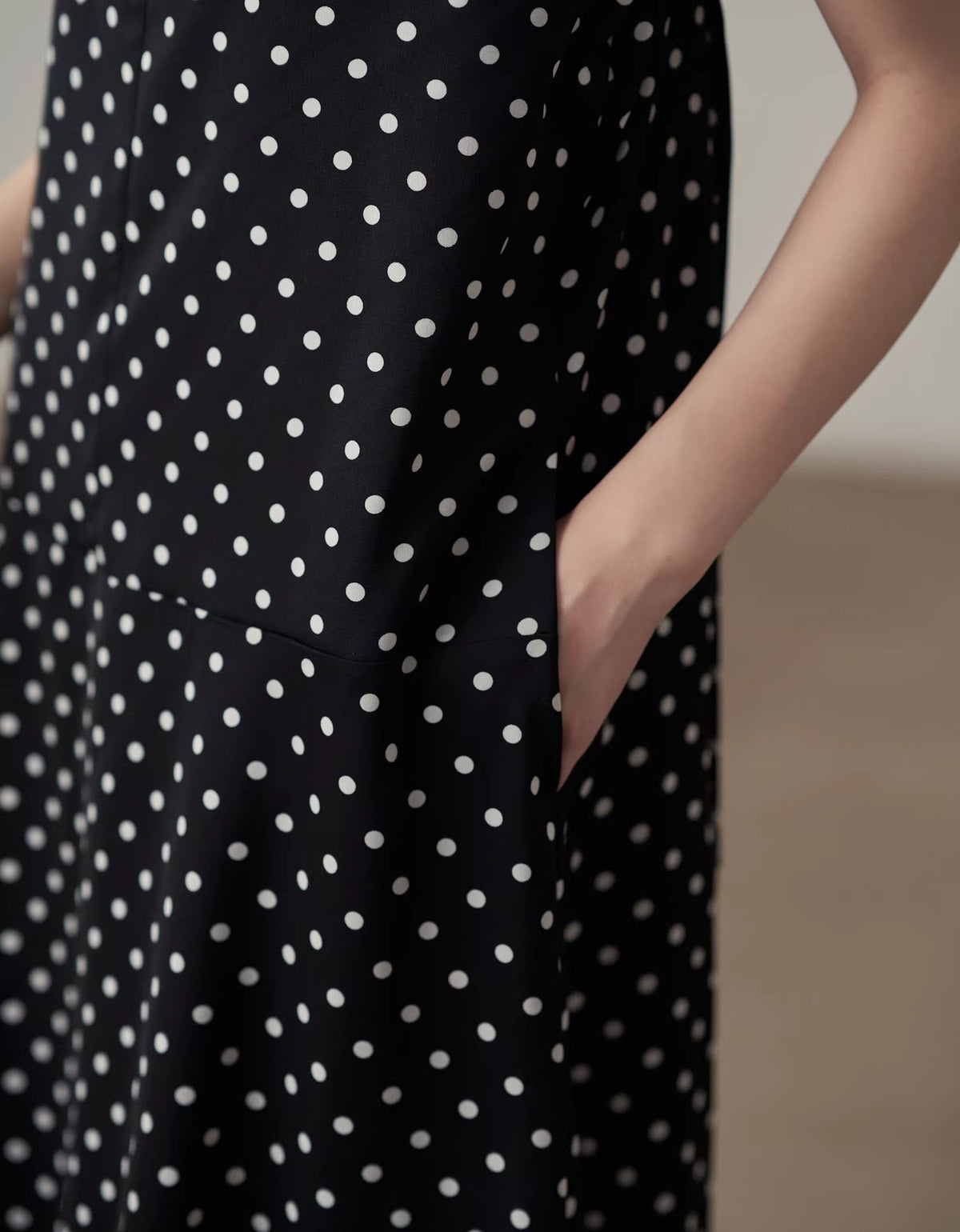 Women summer outfit black polka dot dress