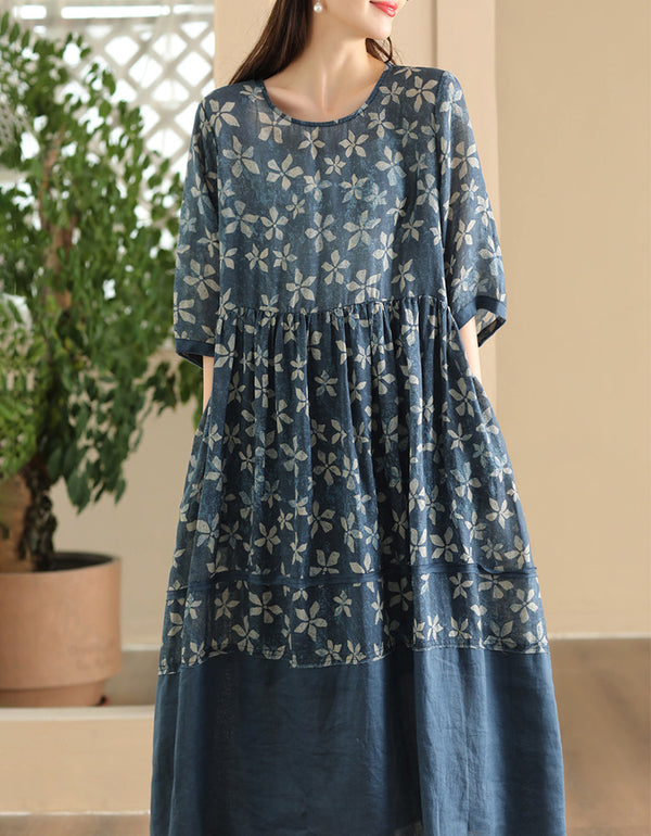 Classic Elegant Floral Boho Chic Linen Maxi Dress