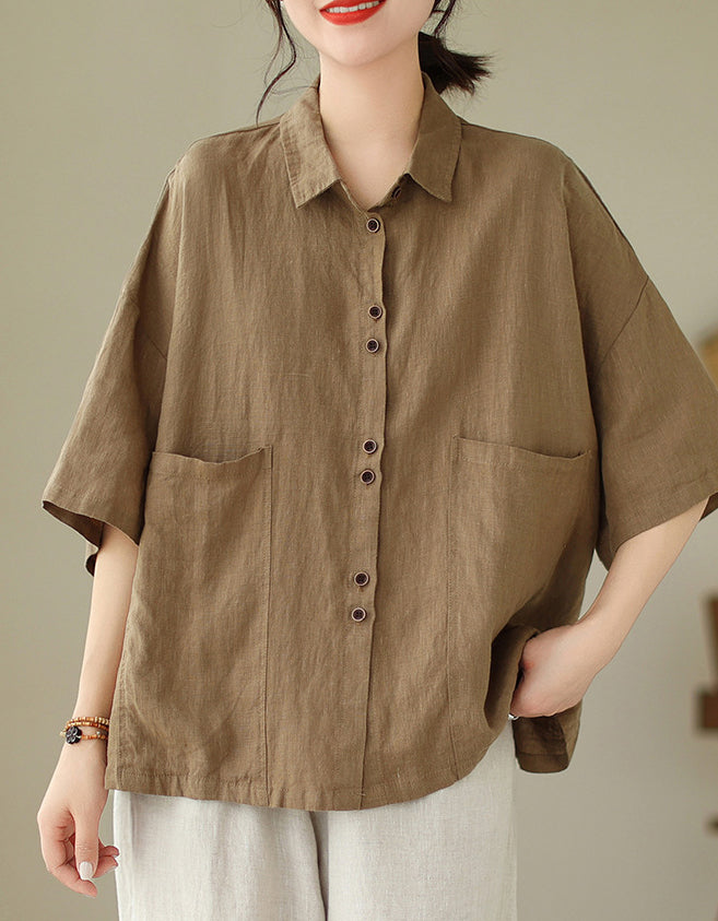 Classic Oversized Short Sleeve Cotton Linen Shirt