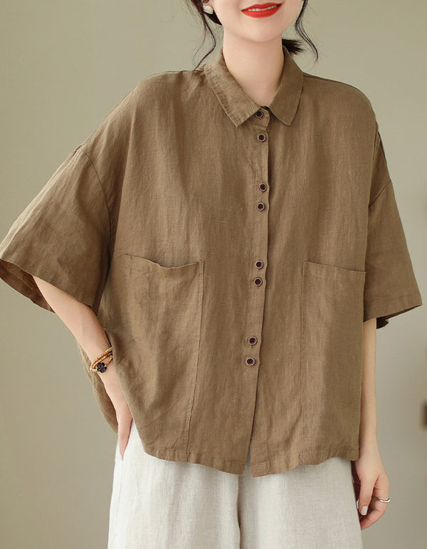 Classic Oversized Short Sleeve Cotton Linen Shirt