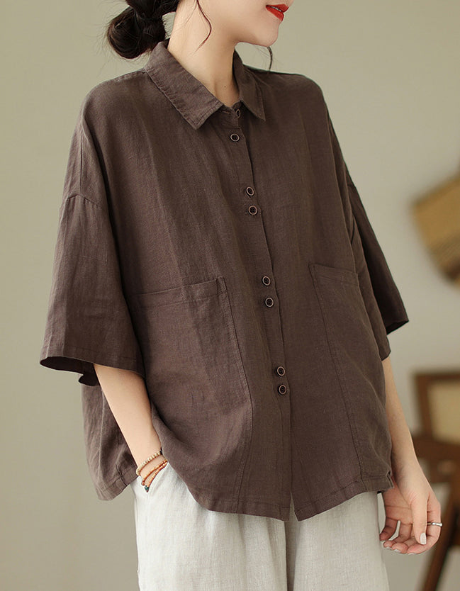 Classic Oversized Short Sleeve Cotton Linen Shirt