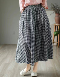 Classic Plaid High Waist Cotton Linen Midi Skirt