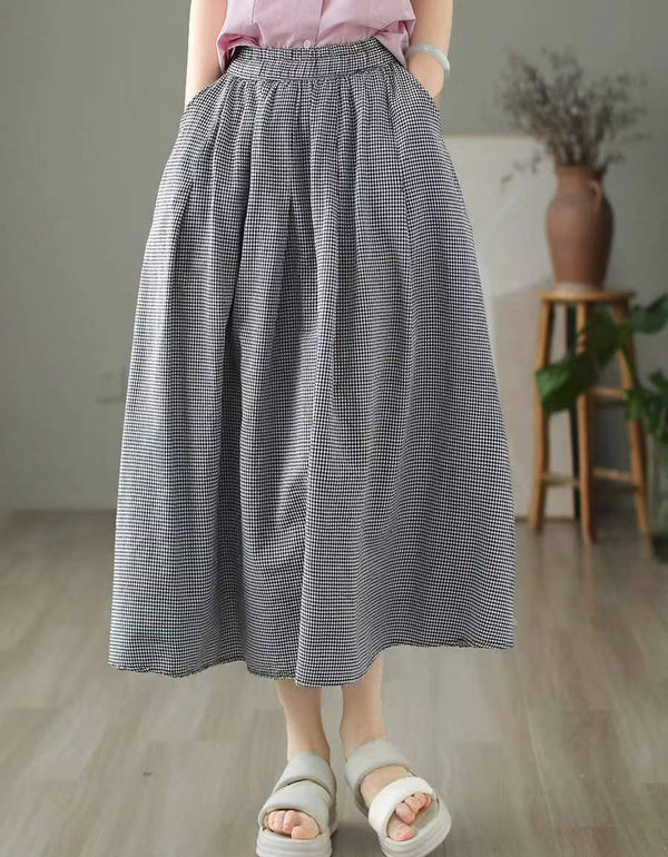 Classic Plaid High Waist Cotton Linen Midi Skirt
