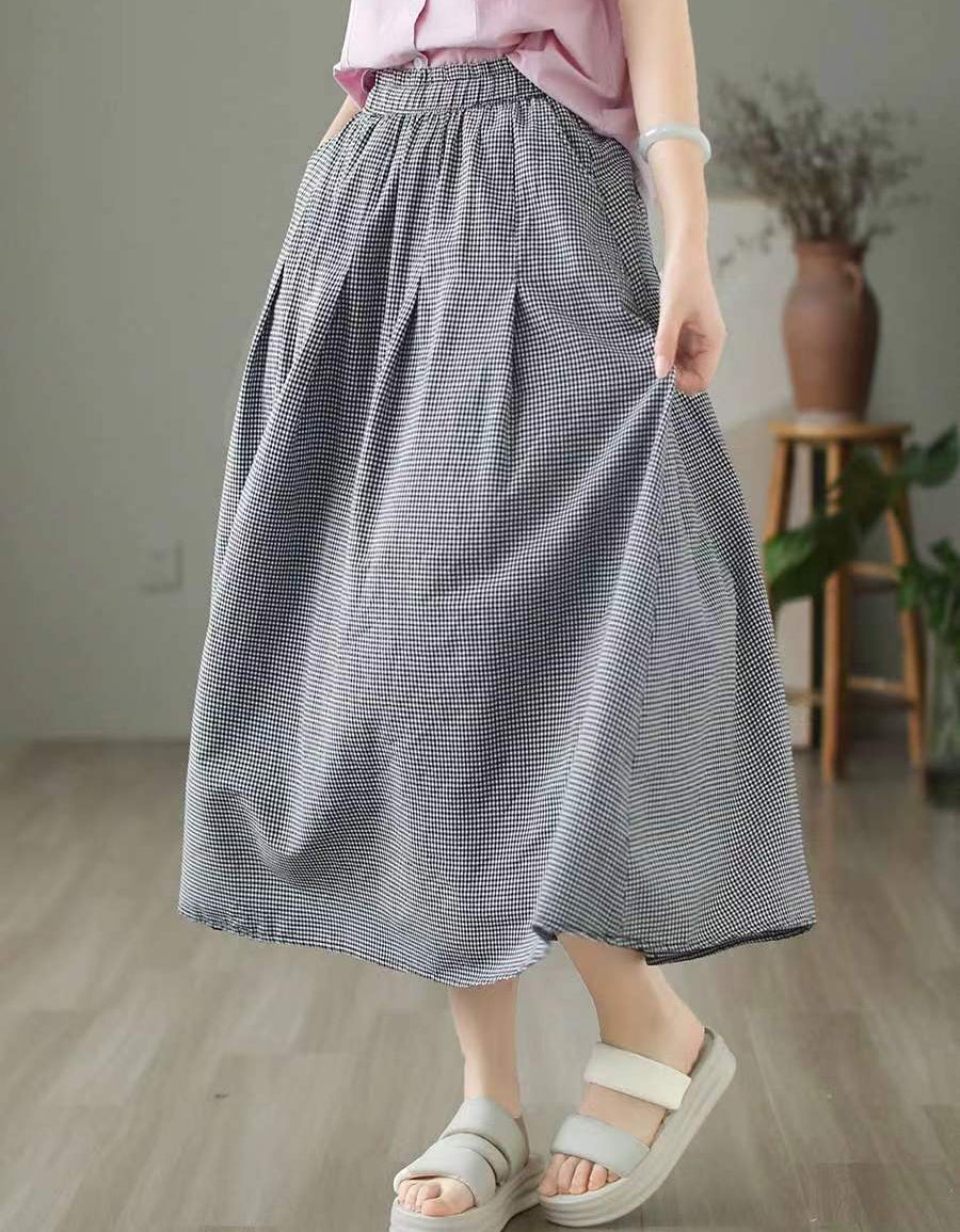 Classic Plaid High Waist Cotton Linen Midi Skirt