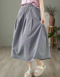 Classic Plaid High Waist Cotton Linen Midi Skirt