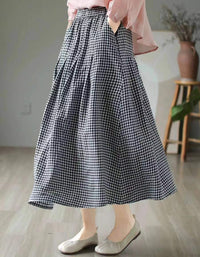 Classic Plaid High Waist Cotton Linen Midi Skirt