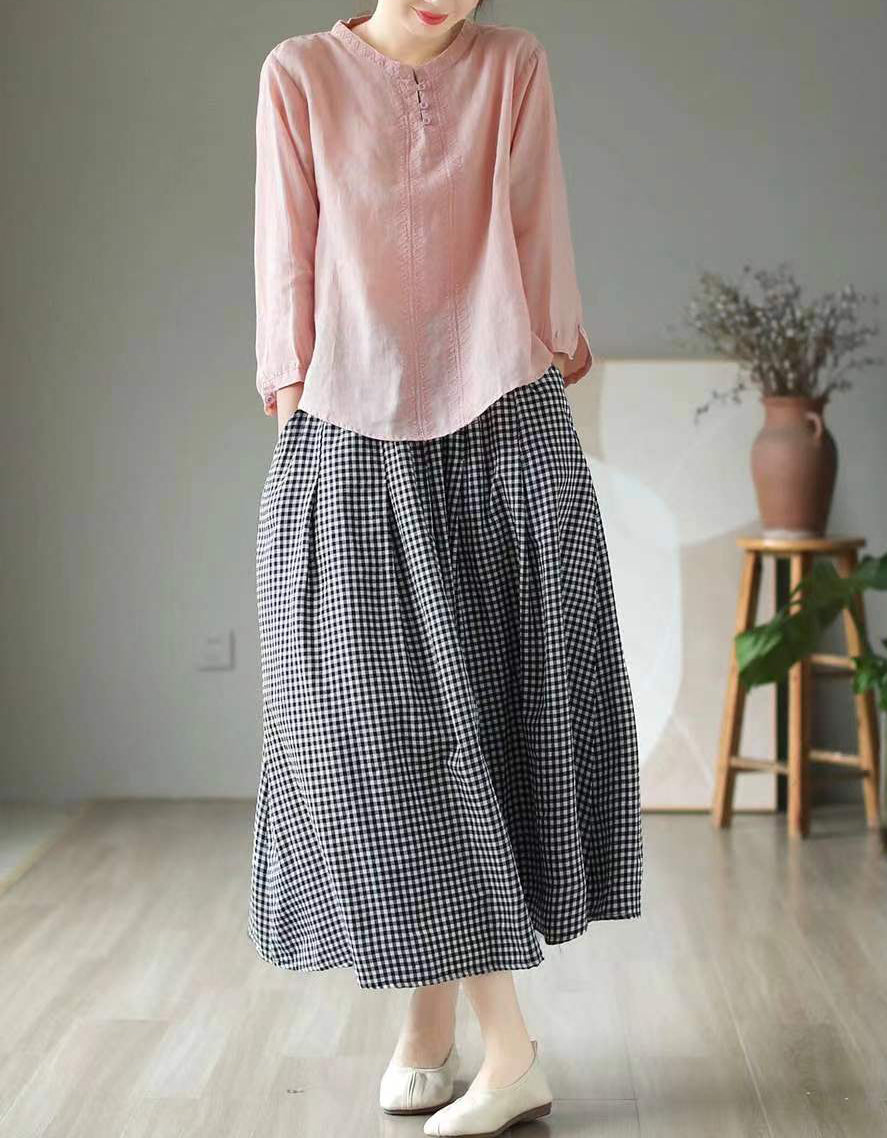 Classic Plaid High Waist Cotton Linen Midi Skirt