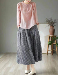Classic Plaid High Waist Cotton Linen Midi Skirt