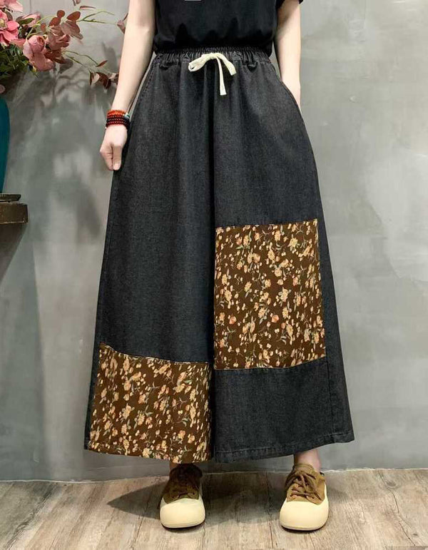 Summer Color Matching Soft Denim Large Size Wide Leg Pants