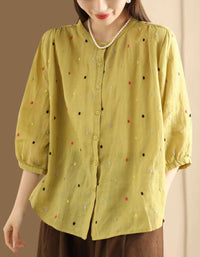 Colorful Dot Embroidered Ramie Blouse