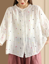 Colorful Dot Embroidered Ramie Blouse