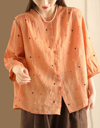 Colorful Dot Embroidered Ramie Blouse