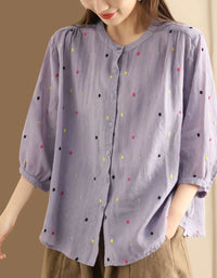 Colorful Dot Embroidered Ramie Blouse