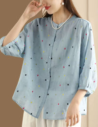 Colorful Dot Embroidered Ramie Blouse