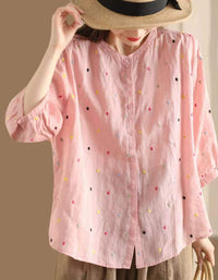 Colorful Dot Embroidered Ramie Blouse