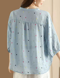 Colorful Dot Embroidered Ramie Blouse