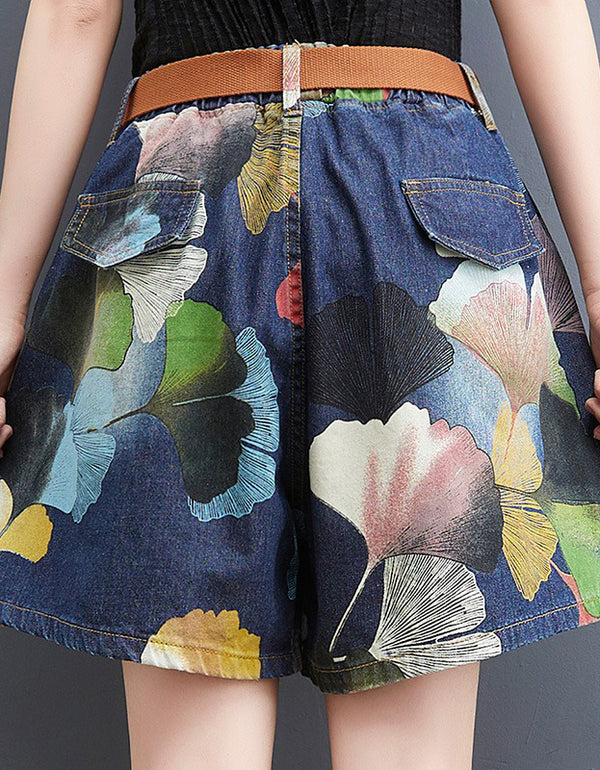 Vintage Floral Loose Denim Shorts
