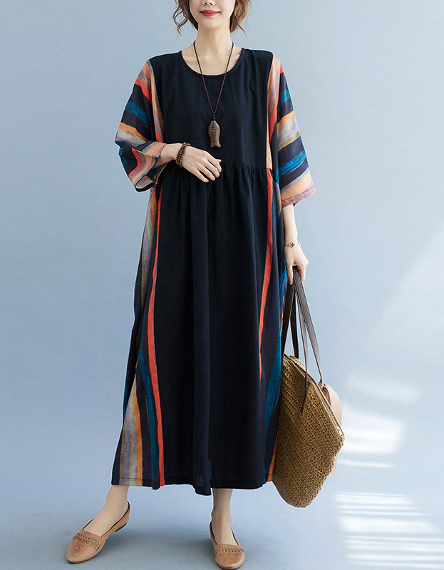 Colorful Retro Stripes Cotton Linen Dress