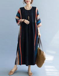 Colorful Retro Stripes Cotton Linen Dress