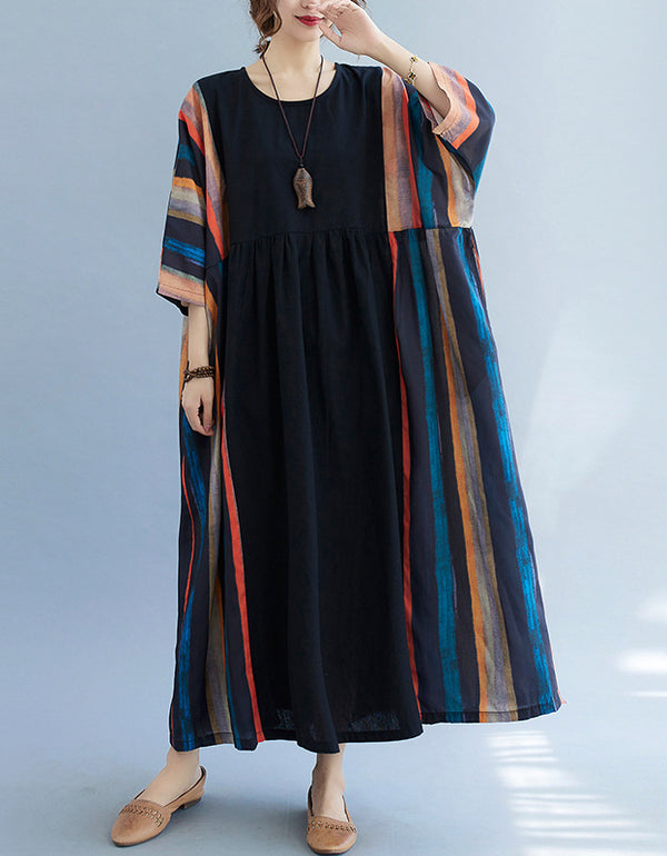 Colorful Retro Stripes Cotton Linen Dress