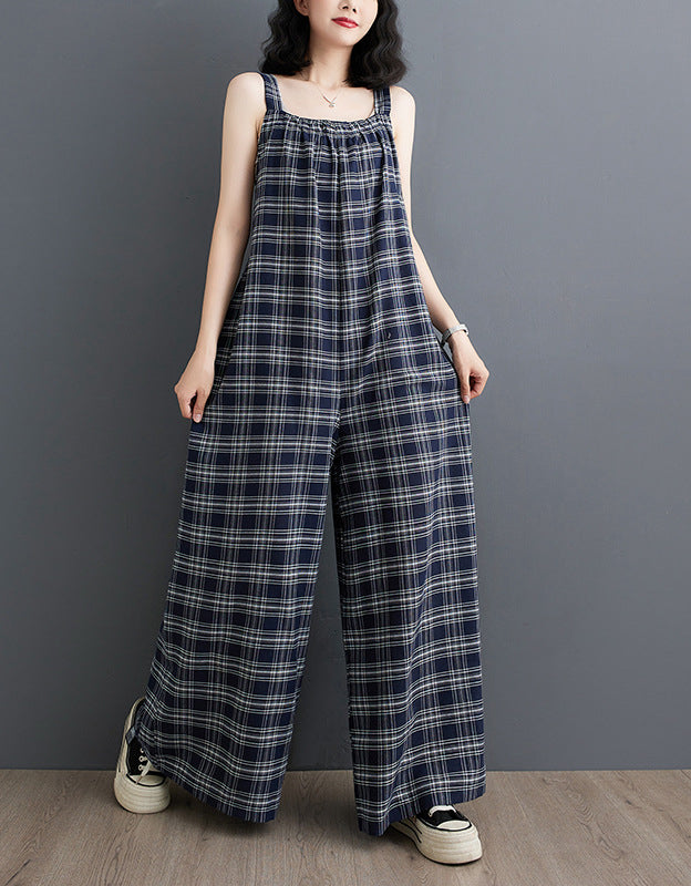 Comfortable Baggy Plaid Linen Jumpsuit