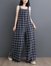 Comfortable Baggy Plaid Linen Jumpsuit