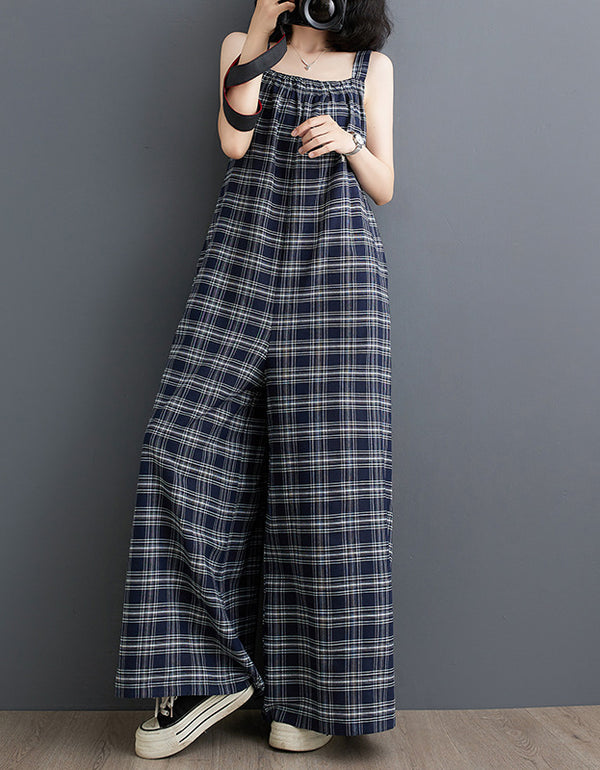 Comfortable Baggy Plaid Linen Jumpsuit