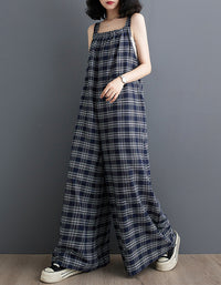 Comfortable Baggy Plaid Linen Jumpsuit