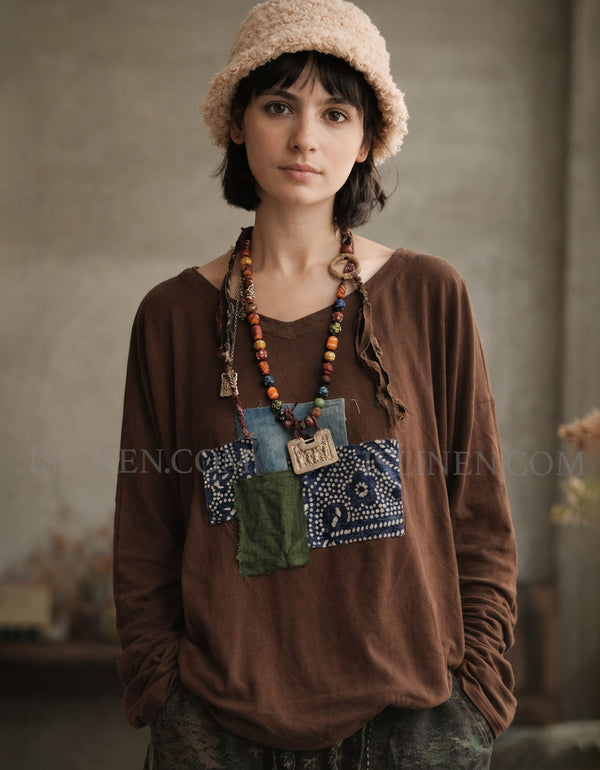 Boho style long sleeve shirt for women with colorful patchwork