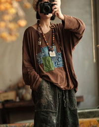 Stylish boho long sleeve shirt with colorful fabric patches