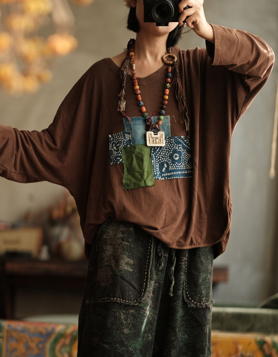 Relaxed fit women’s shirt with unique patchwork and beads