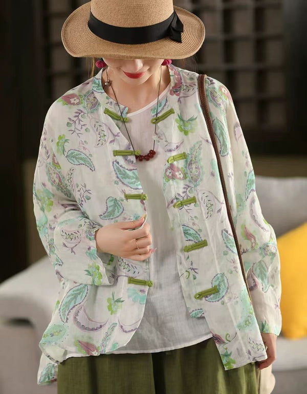 Women’s floral linen blouse in green and white, lightweight breathable fabric with button closure, perfect for casual summer outfits