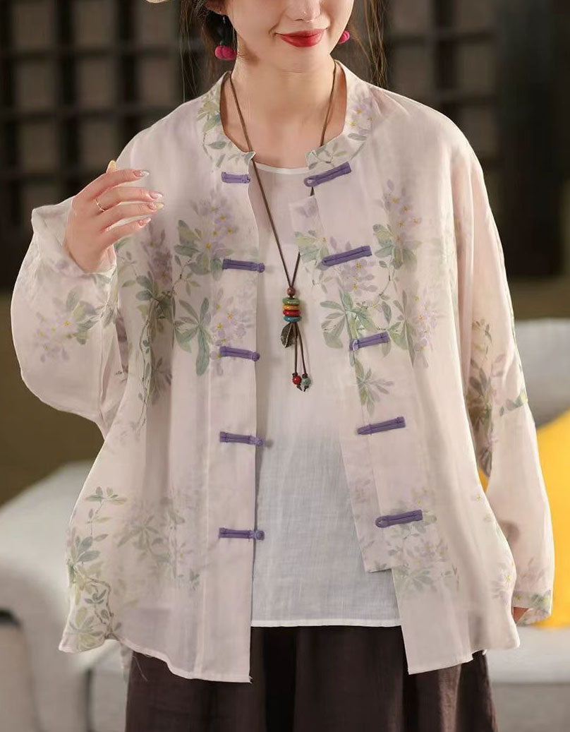 Women’s beige floral linen blouse with button details, lightweight breathable fabric, perfect for summer and casual daywear