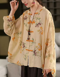 Women’s yellow floral linen blouse, lightweight and breathable with button closure, casual summer top for effortless styling